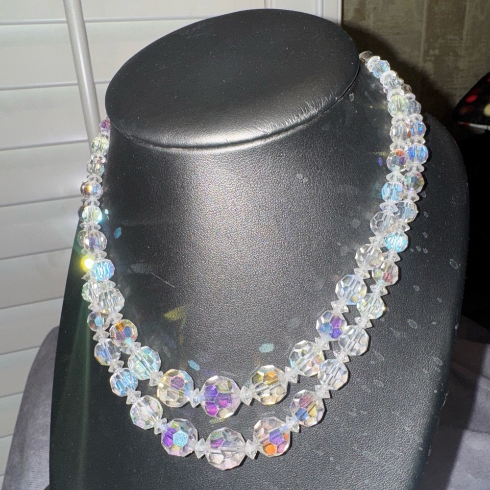 Vintage‎ AB Crystal faceted double strand  Necklace with Iridescent Beads adj